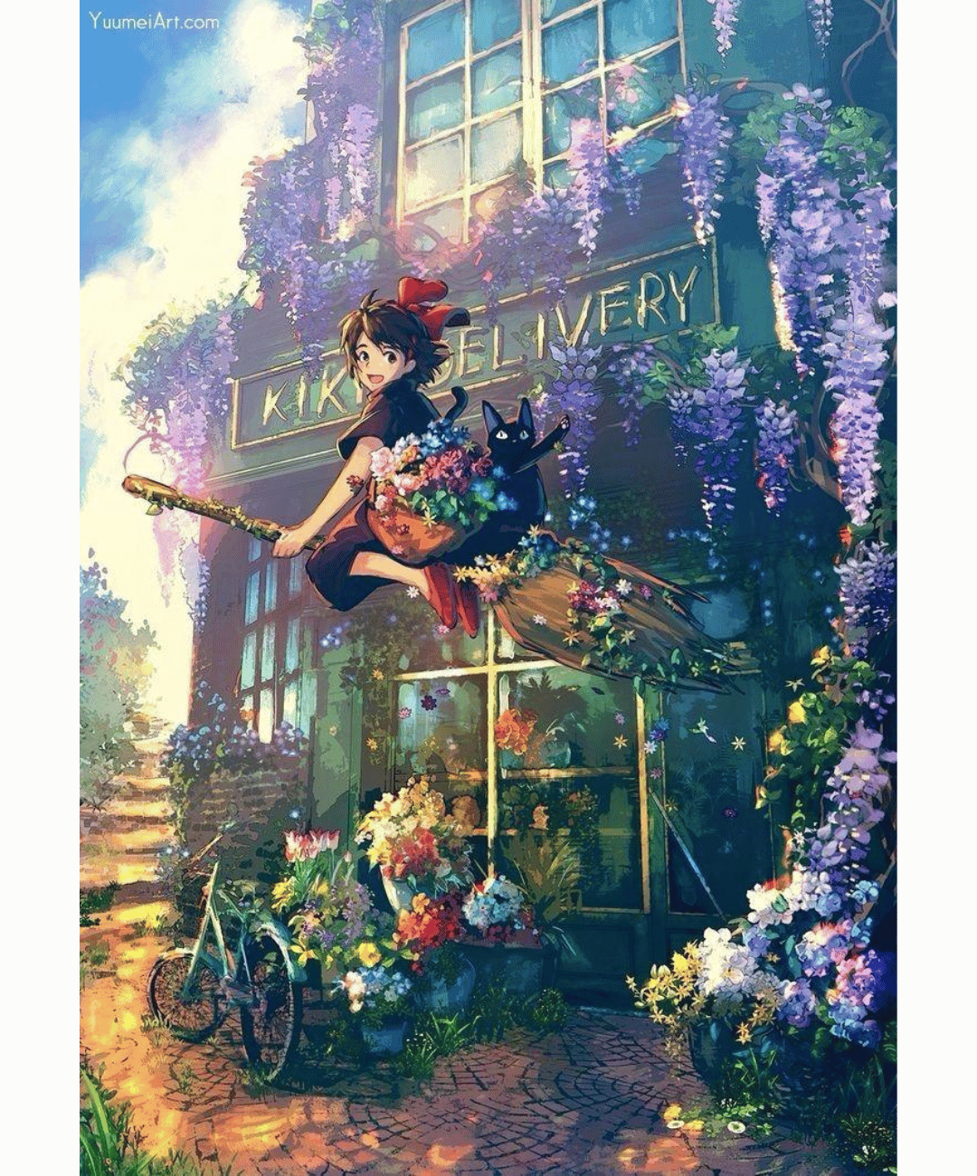 A colorful illustration of a diamond painting kit depicting a witch on a broomstick with a background of a florist shop.
