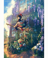 A colorful illustration of a diamond painting kit depicting a witch on a broomstick with a background of a florist shop.