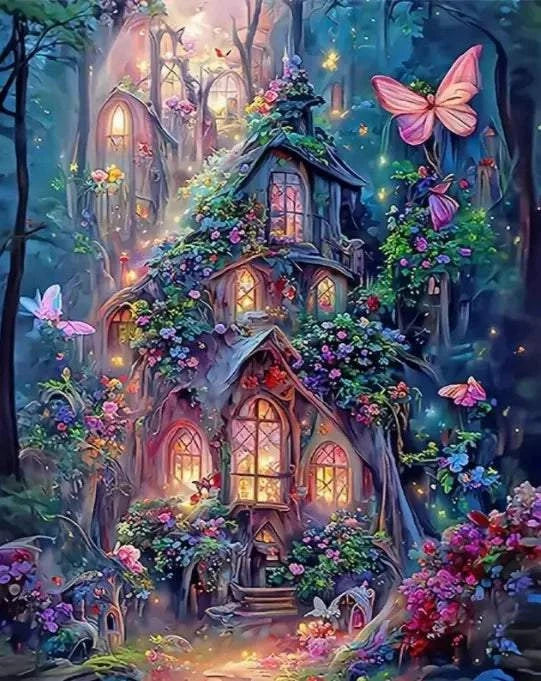 Fairytale diamond painting kit with magical house and butterflies.
